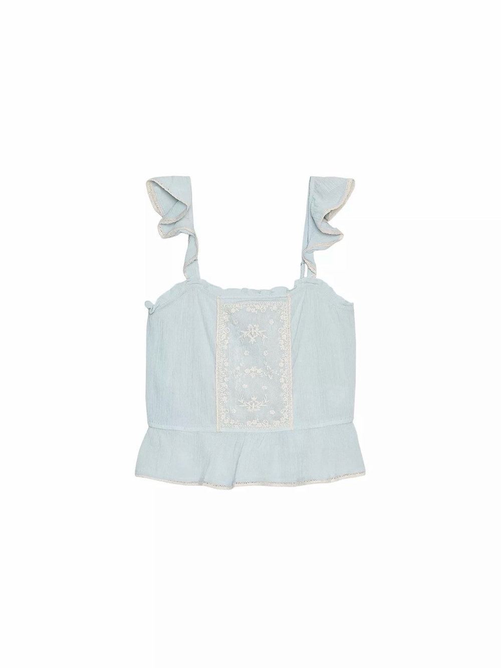 Zara Light Blue Ruffle Strap Embroidered Peplum Top